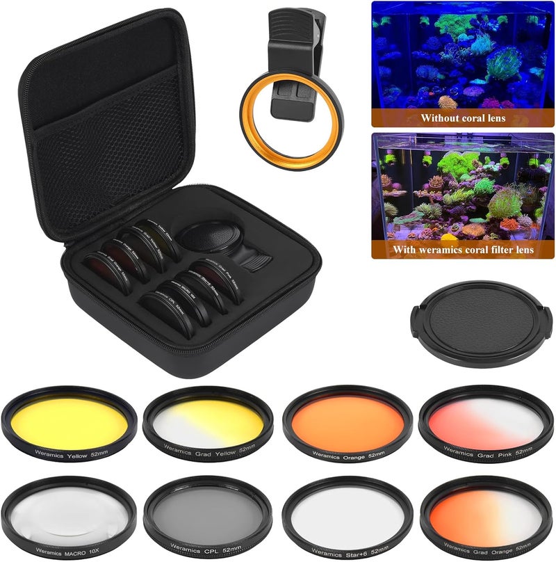 Weramics Coral Lens Aquarium Reef Filter Lens Kits for Phone 8 Coral Lenses Kit Including Orange Gradual-Orange Yellow Gradual-Yellow Pink Macro Start and Polarized CPL len - Image 1